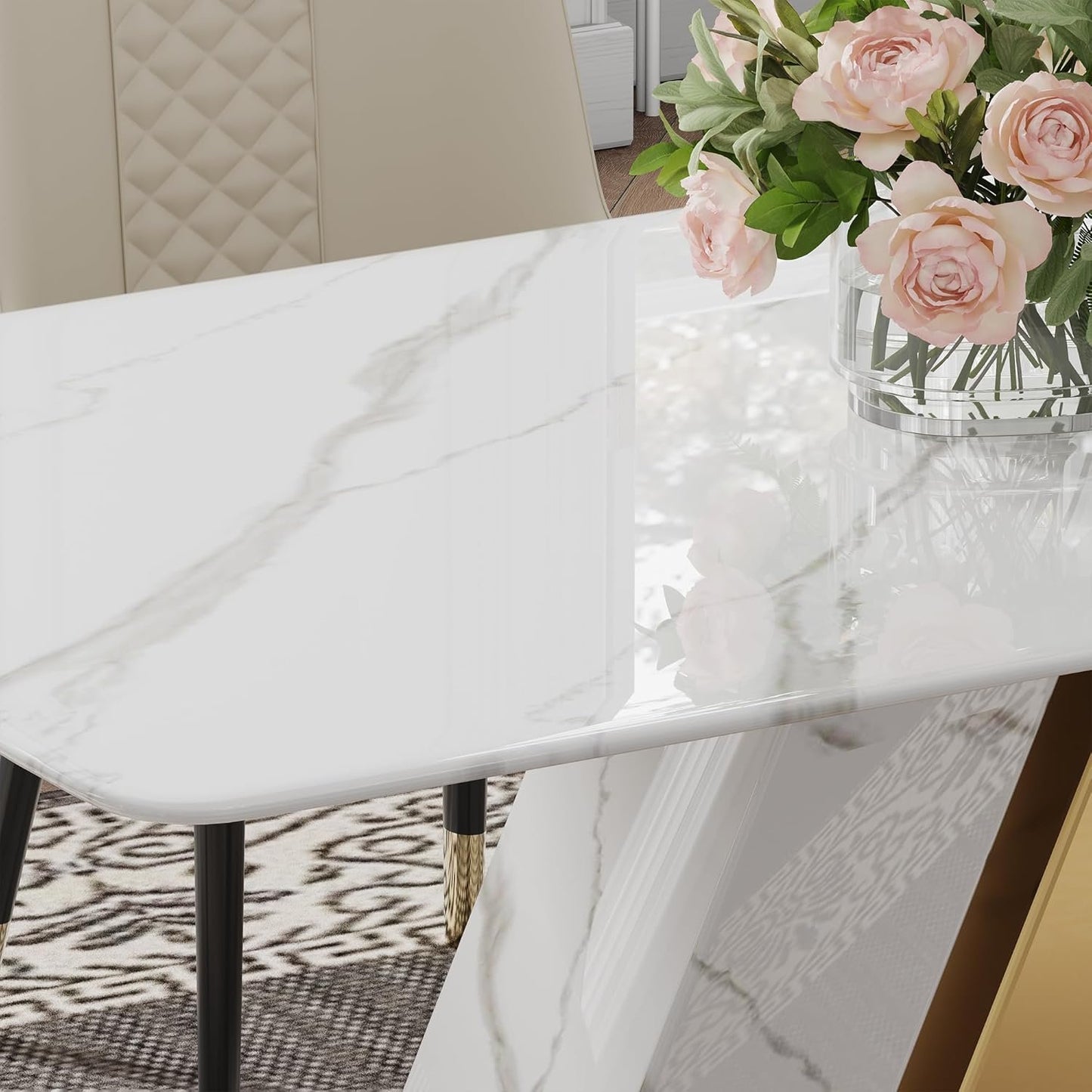POVISON Modern Dining Table, White Dining Table for 6-8, Marble Dining Table with Rectangular Sintered Stone Tabletop, Z-Shaped Stainless Steel Base,White and Gold,78" Kitchen Table for Dining Room