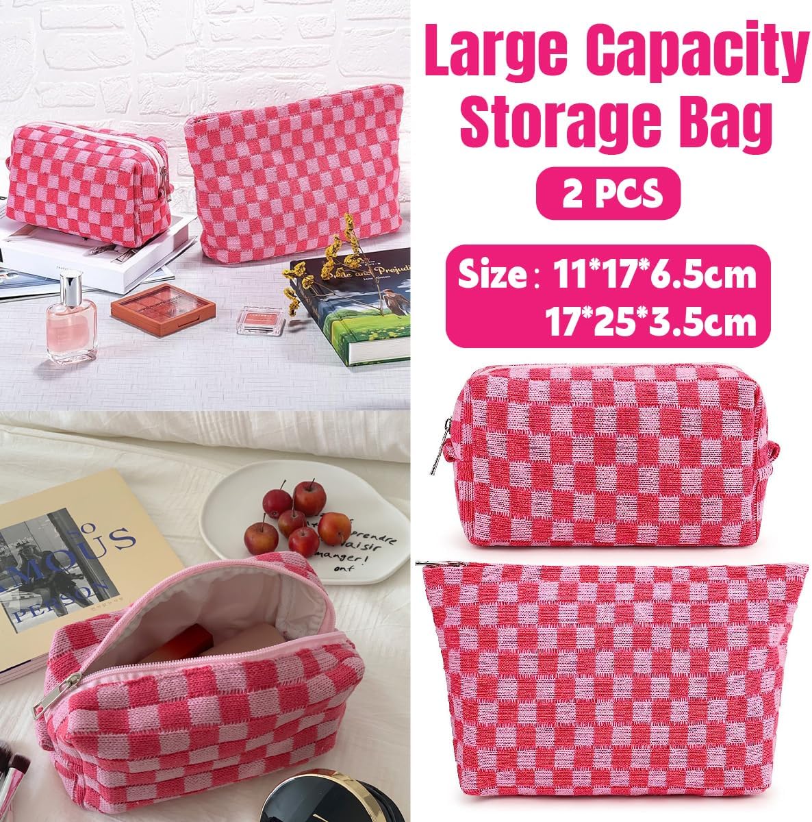 AIMALL 2PCS Checkered Makeup Bag for Purse - Portable Zipper Cosmetic Pouch, Small Travel Case for Accessories, 9.84in & 6.7in
