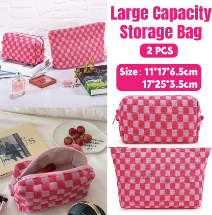 AIMALL 2PCS Checkered Makeup Bag for Purse - Portable Zipper Cosmetic Pouch, Small Travel Case for Accessories, 9.84in & 6.7in