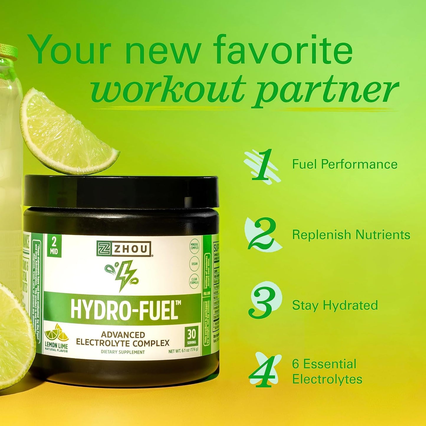 Zhou Nutrition Hydro-Fuel, Sugar Free Electrolyte Powder, Replenish Nutrients & Restore Hydration, Natural Mineral Complex with Coconut Water Concentrate, Vegan, Gluten Free, Lemon Lime, 30 servings
