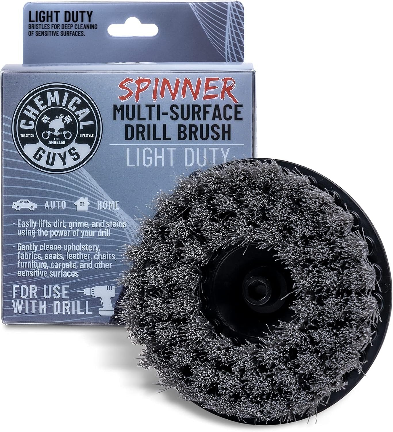 Chemical Guys ACC506 Light Duty Spinner Multi-Surface Drill Brush Attachment (Fits Any Standard Drill - Power Scrubber Removes Stains & Gently Cleans Upholstery, Fabric and Carpet), Gray