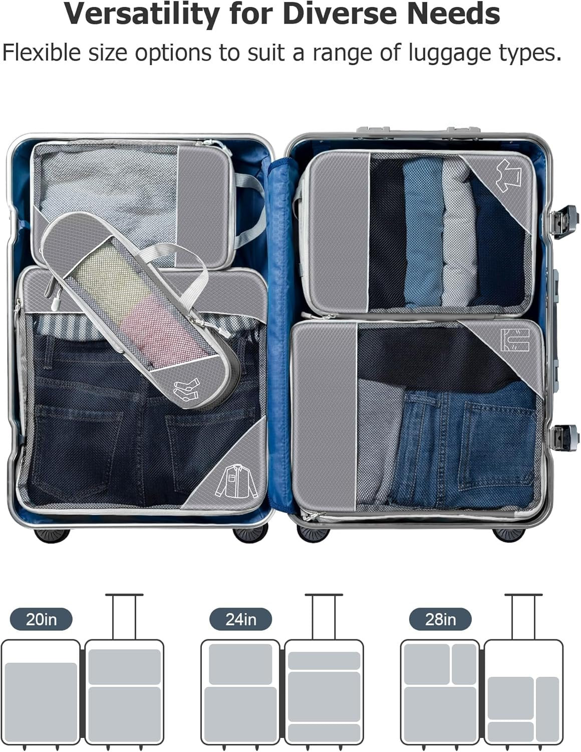 Koncle Compression Packing Cubes for Suitcases, Extensible Travel Packing Cubes, Mesh Luggage Suitcase Organizer Bags, Large Medium Small Slim Packing Cube, Travel Suitcase Accessories