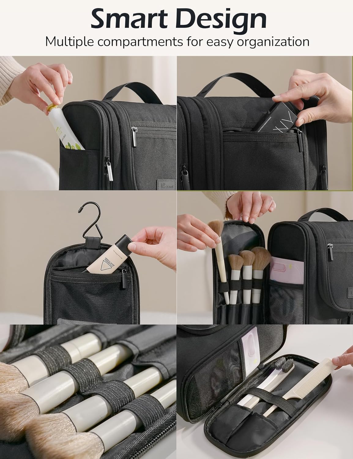 Travel Toiletry Bag for Women and Men, Travel Makeup Bag with Hanging Hook, Large Capacity Water-Resistant Organizer, Cosmetic Bathroom Travel Bag for Toiletries Accessories, Shampoo (Gray)