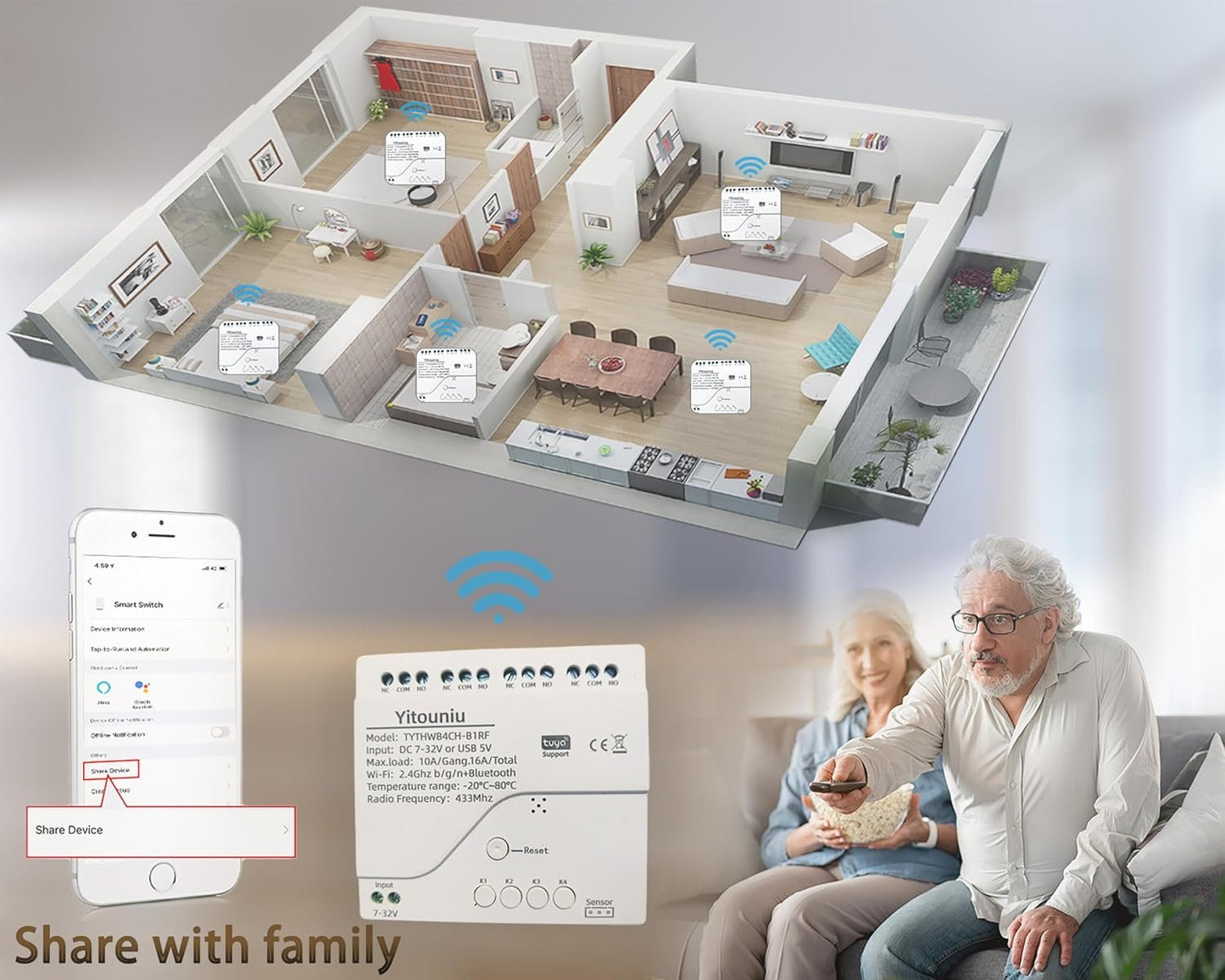 Yitouniu Tuya WiFi Temperature Sensor, 4CH Relay Switch, Independent Control, Home Automation,iOS Android Application, Dry contact,Compatible with Alexa and Google Home