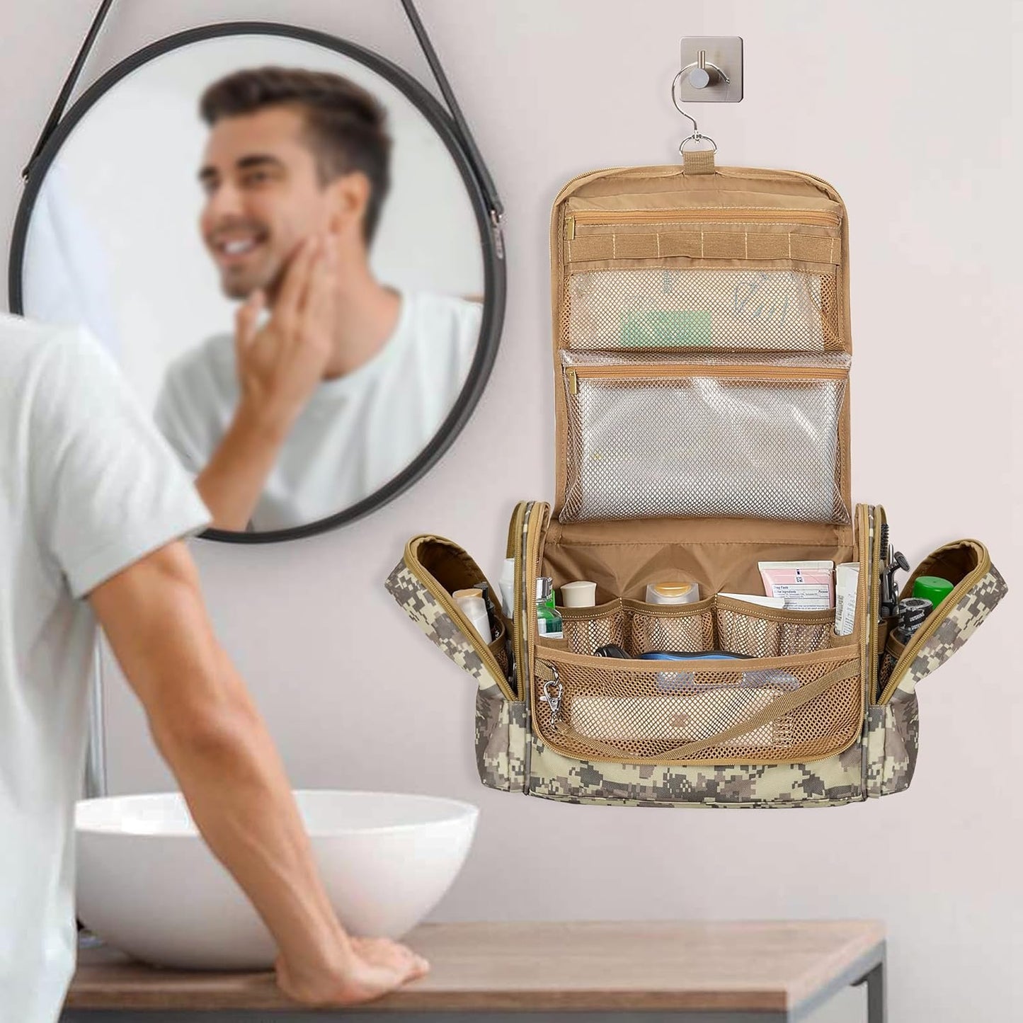 Prokva Tactical Toiletry Travel Bag for Men, Hanging Dopp Kit Hygiene Bag Shower Organizer with Hook for Toiletries and Shaving Care (Empty Bag), Desert Yellow