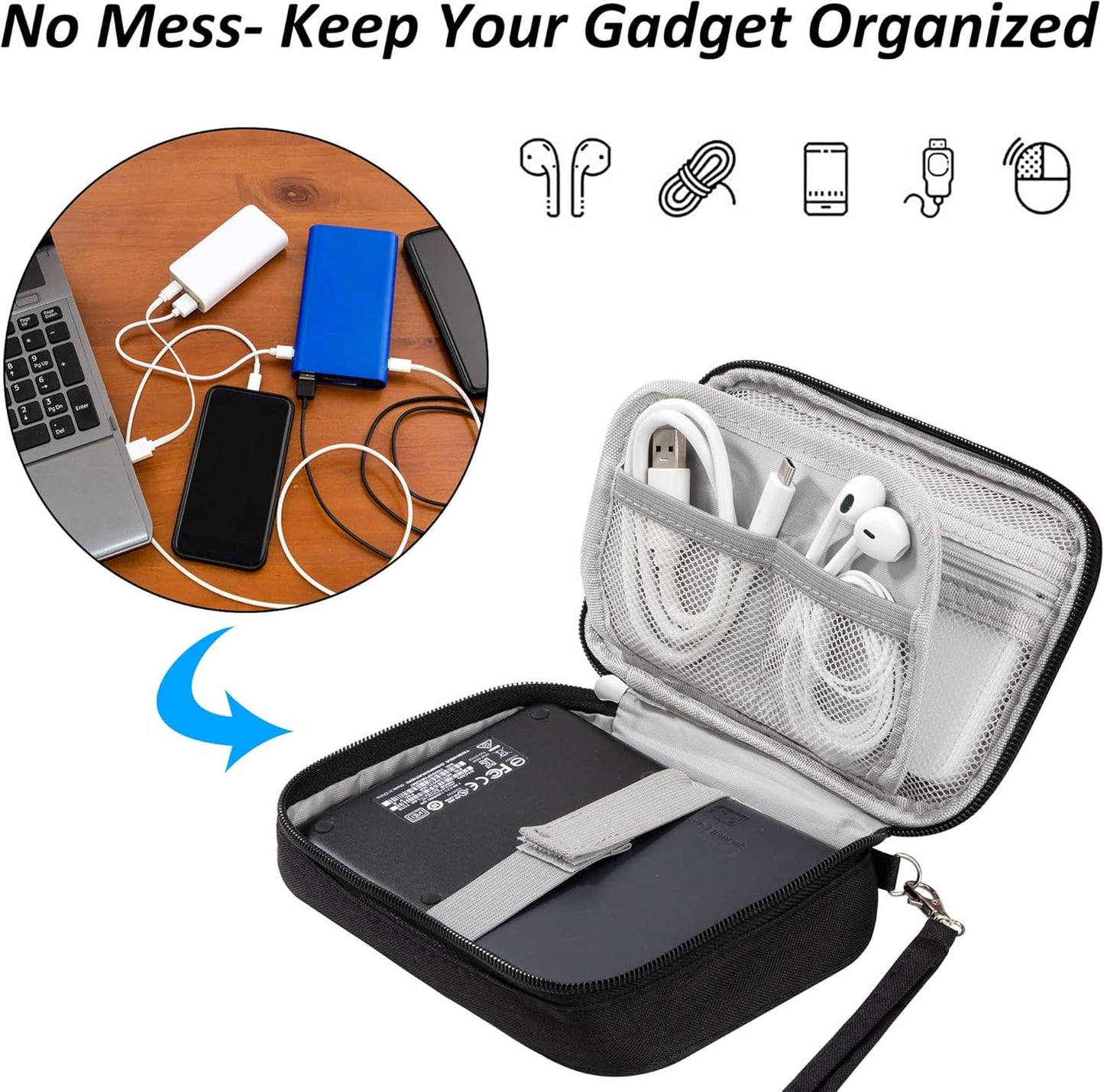 QIMEI-SHOP Electronic Accessories Bag Small Travel Case for Cables Organizer for Hard Drives Charging Cables USB Charger 18.5 x 11.5 x 2.5 cm, Black, Minimalist