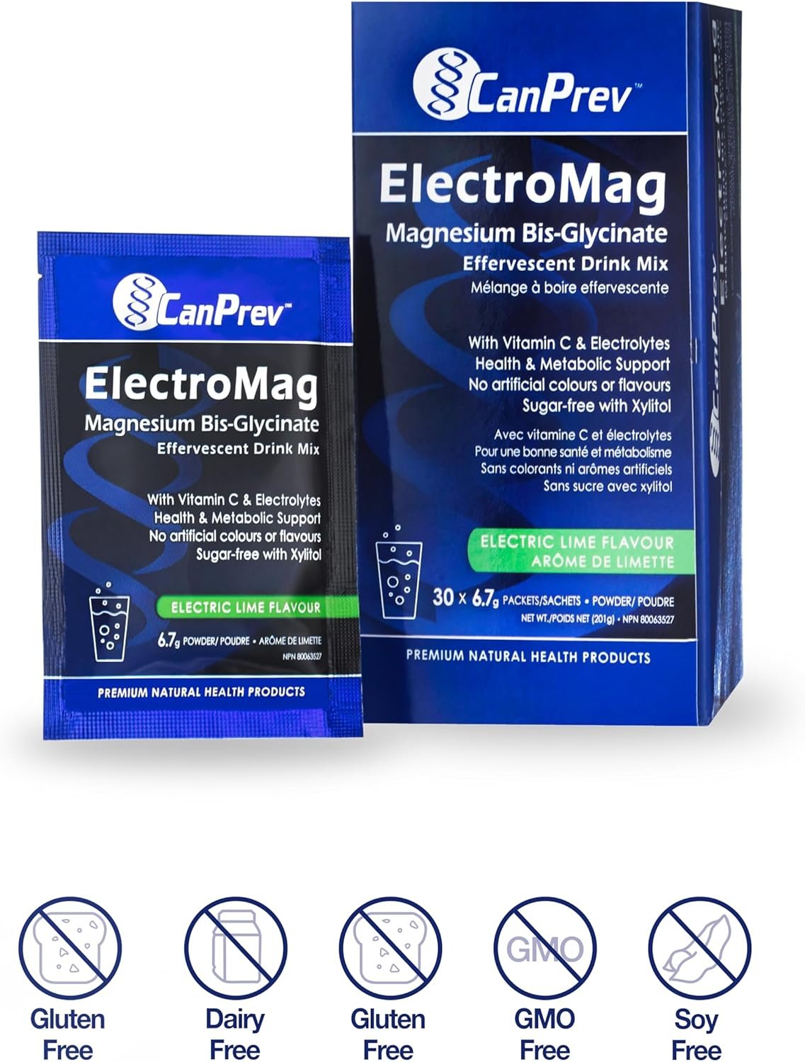 CanPrev ElectroMag Effervescent Drink Box, 30 Sachets 30-Day Supply - Lemon-Lime Flavor, Pure Magnesium Bisglycinate with Electrolytes & Vitamin C, Sugar-Free Xylitol Powder for Hydration and Energy