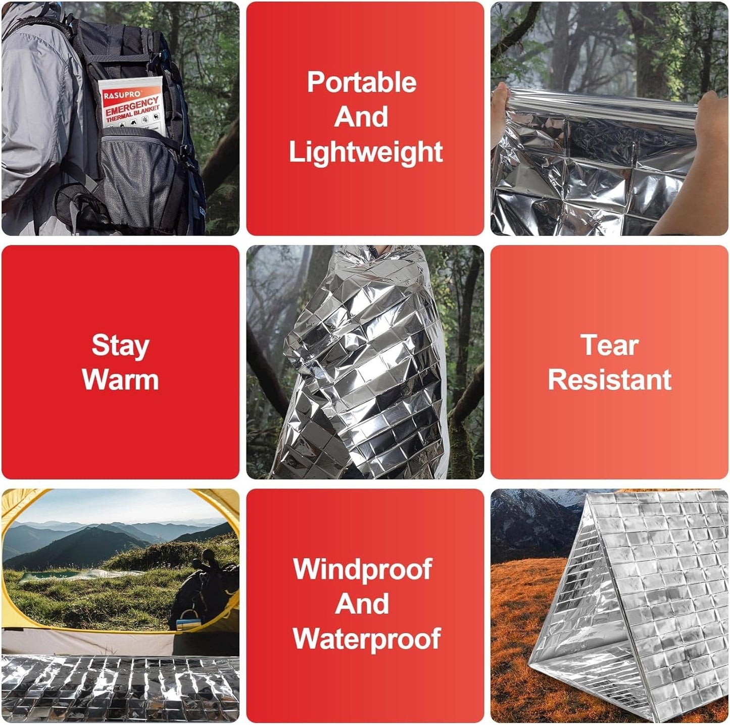 Rasupro 9 Pack Emergency Blankets, Outdoor Survival Emergency Insulated Gear, Mylar Thermal Space Insulated Blanket, Perfect for Camping, Hiking, Running, Marathon, Wilderness Rescue or First Aid