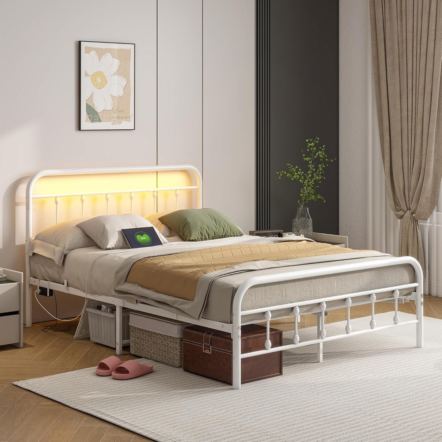 Maliacife Metal Bed Frame Double,Full Size Bed Frames with Charging Station and LED Headboard,Metal Platform Bed with Under Bed Storage, No Box Spring Needed, Noise Free,Easy Assembly,White