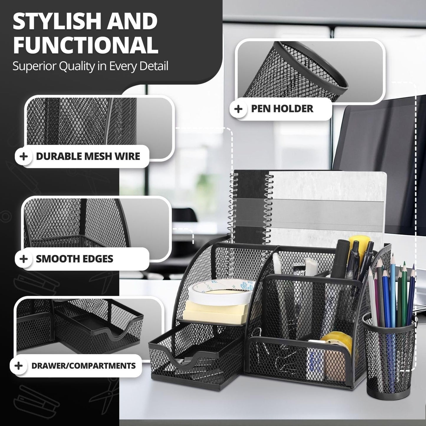 Flexzion Desk Top Caddy Organizer - Black Office Desk Accessories Organizer and Storage - Metal Mesh Desk with 6 Compartments, Drawer and Pen Holder