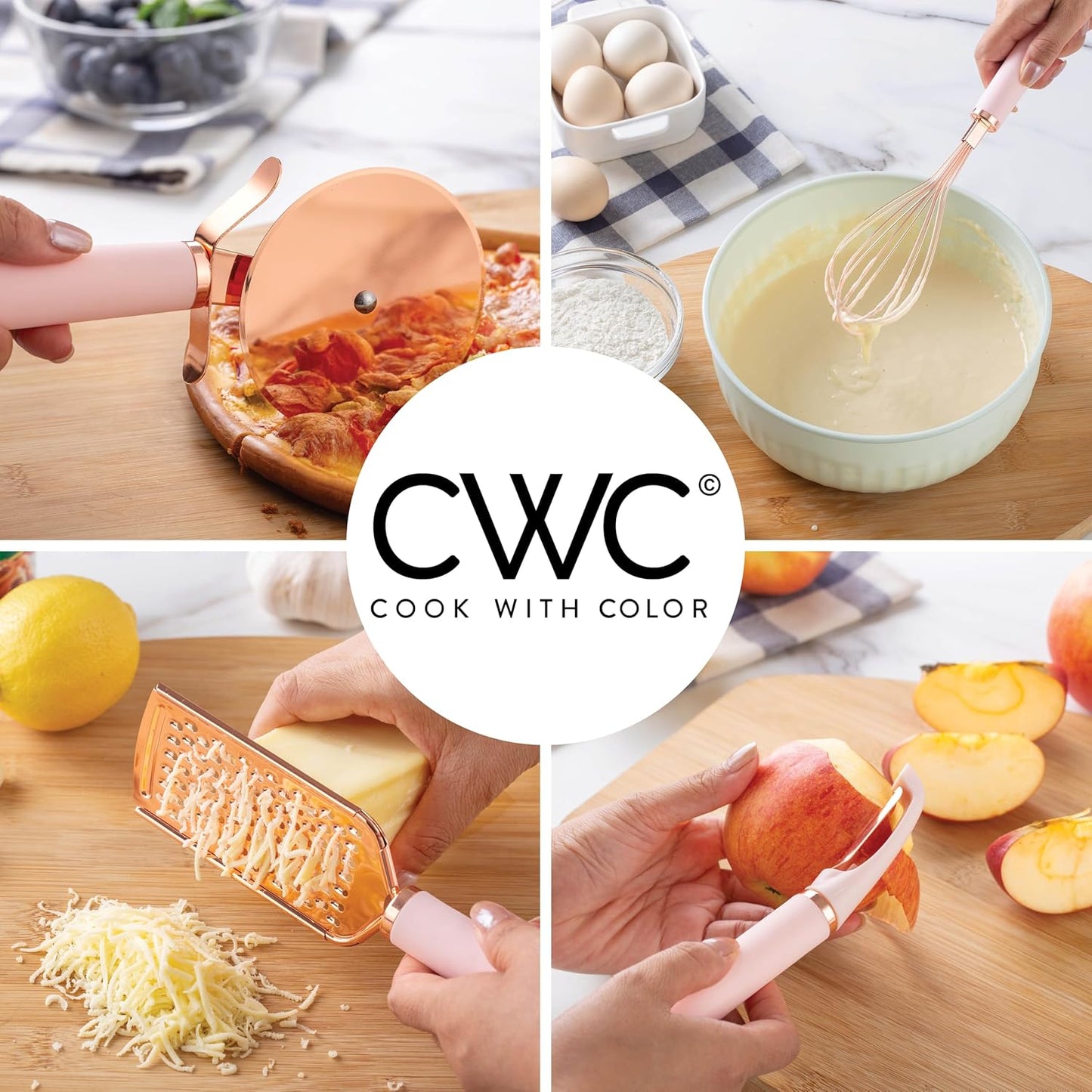 COOK WITH COLOR Kitchen Gadget Set Copper Plated Stainless Steel Utensils with Soft Touch Handles, Copper Pink, 10 Pieces