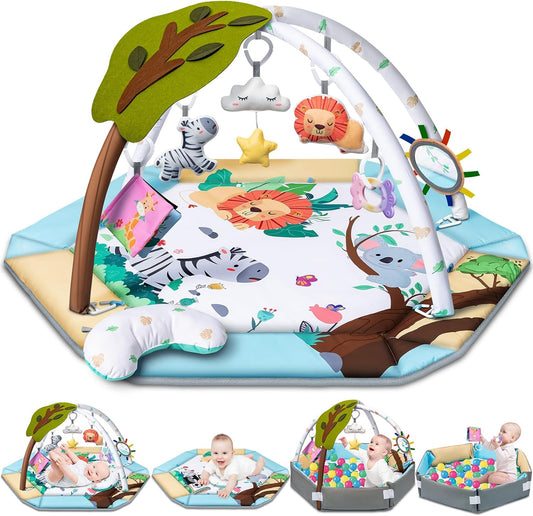 Baby Gym Play Mat, 8-in-1 Tummy Time Mat & Ball Pit with 6 Toys, Washable Baby Activity Play Mat for Visual, Hearing, Sensory, Motor Development, Baby Toys Toddler Infant 0-3-6-9-12 Month