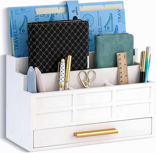 dreampossible white Wood Desk Organizer and Accessories with Drawer, Bill Mail Organizer and File Mail Holder for Office Supplies, Rustic Desk Accessories & Workspace Organizers for Desk Organization
