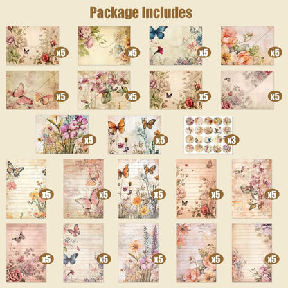 RAORAOYUE 160 Pcs Stationery Paper Set, Nature Vintage Floral Butterfly 50 Stationary Paper 50 Envelopes 60 Round Dot Sticker