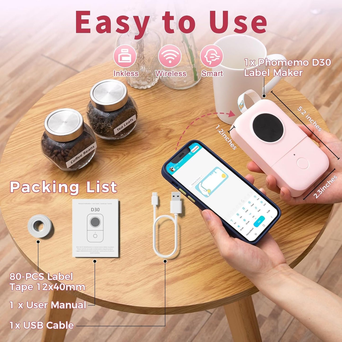 Label Maker Machine, Phomemo D30 Portable Bluetooth Label Printer with Tape Label Maker Handheld, Multiple Templates Available for Smartphone Easy to Use for Office Home Organization USB Rechargeable