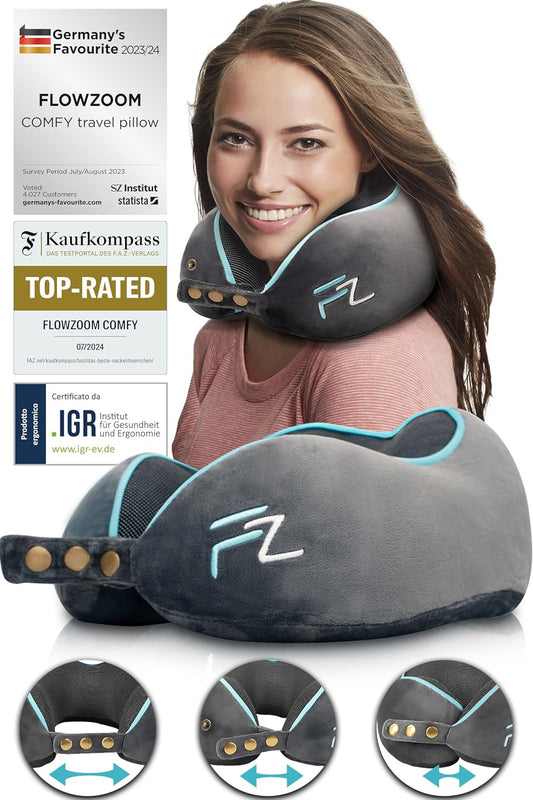 FLOWZOOM Comfy Airplane Car Memory Foam Travel Pillow - Adjustable Neck Pillow with 360° Support, Washable Velvety Cover and Mesh Carry Bag - Grey