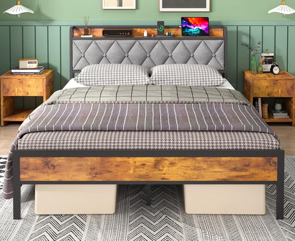 Ufurniture Bed Frame Double Size Metal Frame Storage Headboard with Charging Station and USB Ports Retro (Double)