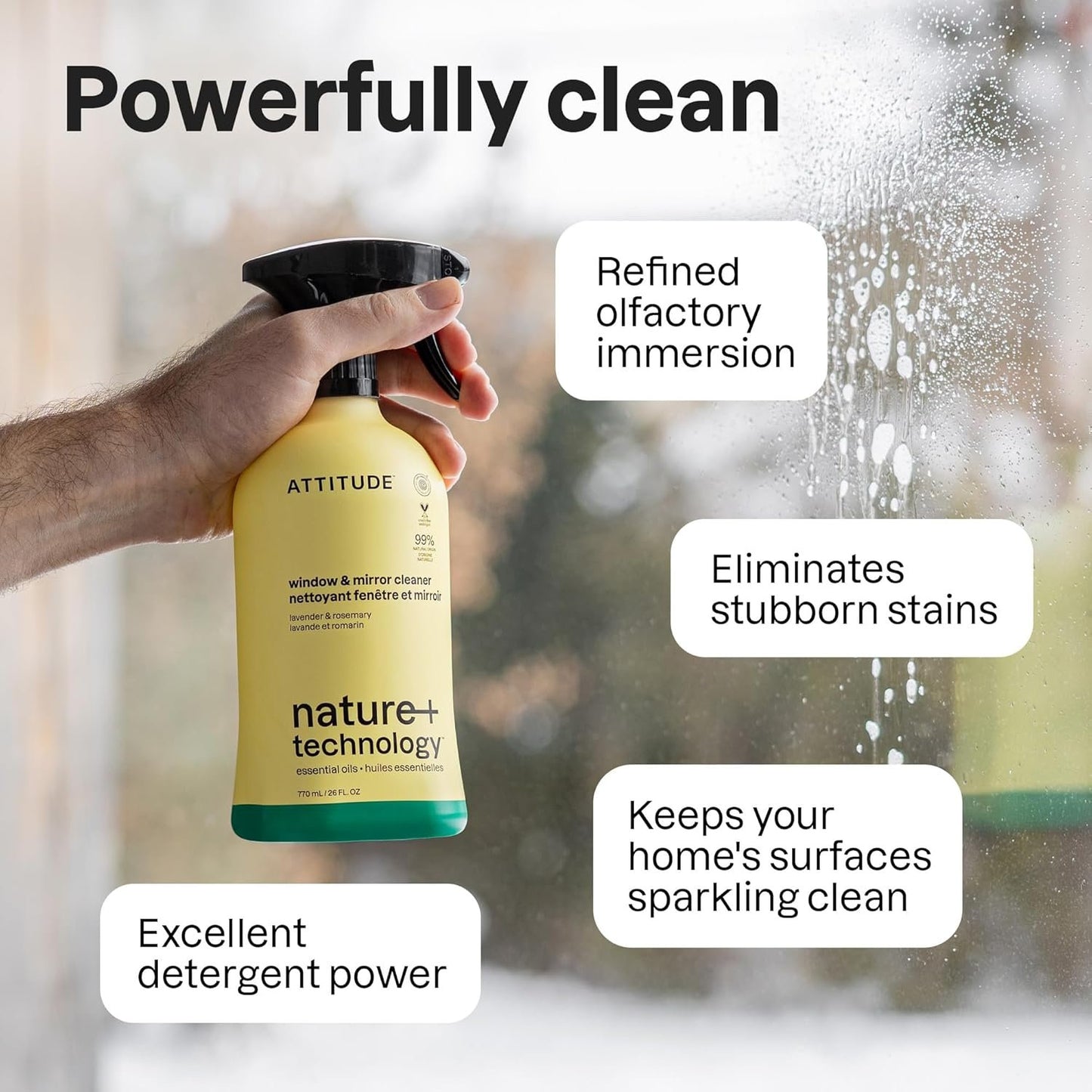 ATTITUDE Window & Mirror Cleaner Spray, Made in Canada, Plant-Based Ingredients, EWG Verified, Streak Free, Ammonia Free, Removes Fingerprints, Dust and Dirt, Lavender & Rosemary, 770 mL