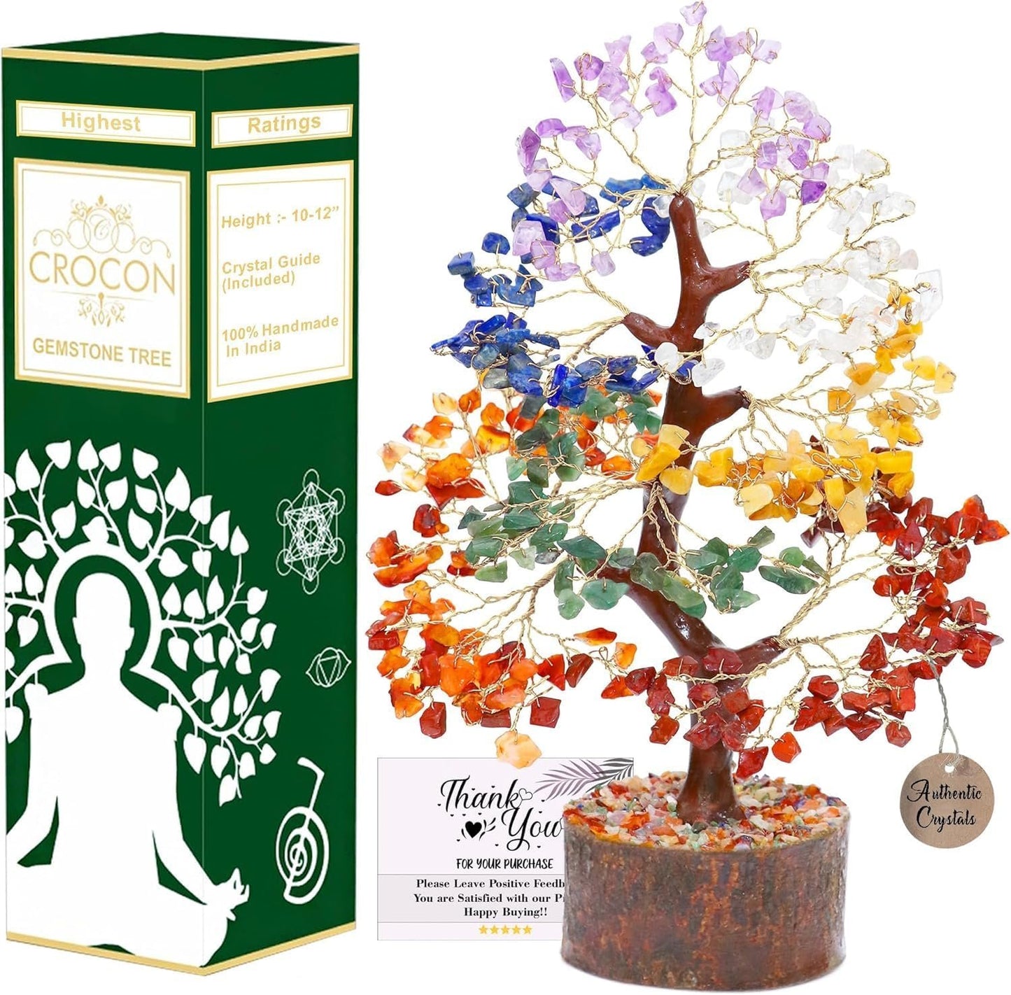 Crocon Seven Chakra Natural Gemstone Healing Tree Bonsai for Crystal Healing Reiki Balance Good Luck Wealth Prosperity Home Decor Spiritual Decoration Meditation Gift 10-12"
