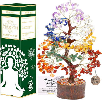 Crocon Seven Chakra Natural Gemstone Healing Tree Bonsai for Crystal Healing Reiki Balance Good Luck Wealth Prosperity Home Decor Spiritual Decoration Meditation Gift 10-12"