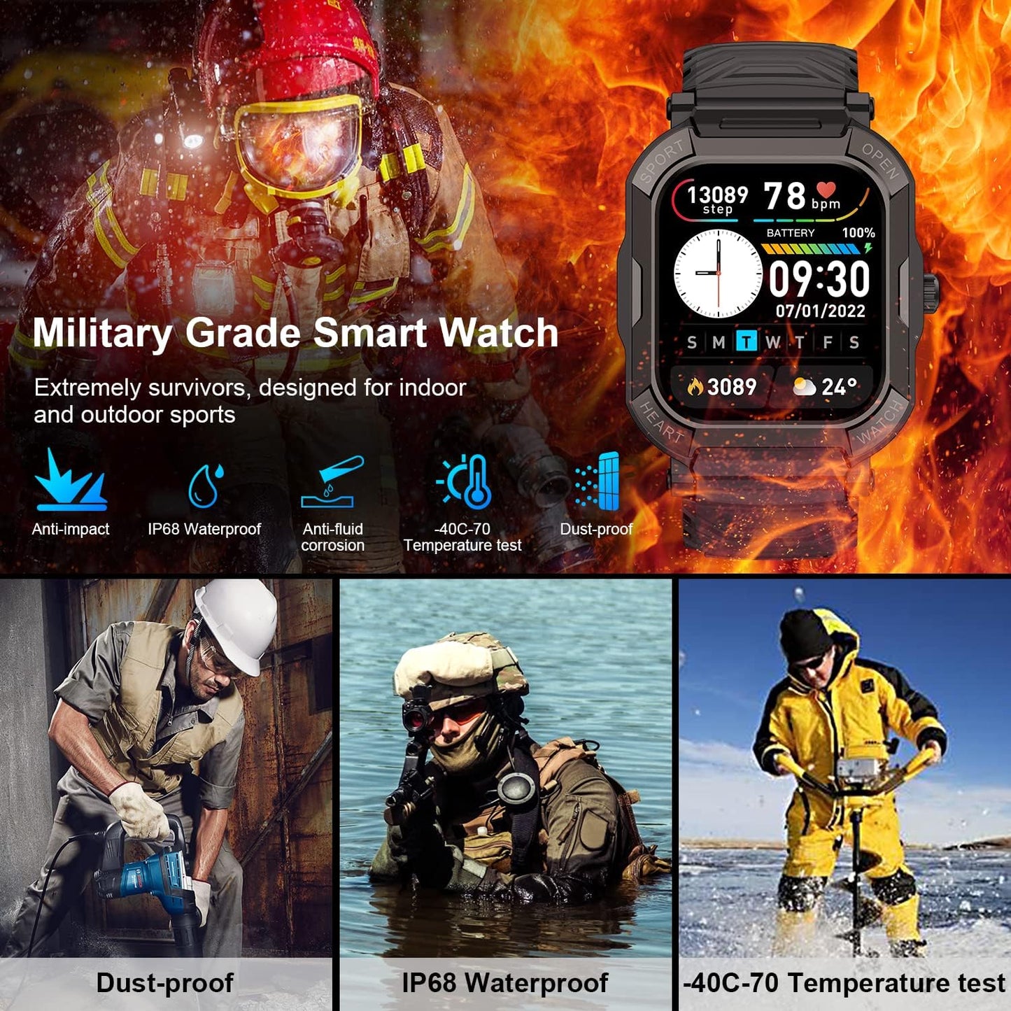Waterproof Men's Fitness Watch Smartwatch: Bluetooth Calling and Hands-Free Response Military Smart Watch Tracker Heart Rate Monitor Pedometer Blood Pressure Calorie Sports for Android iOS