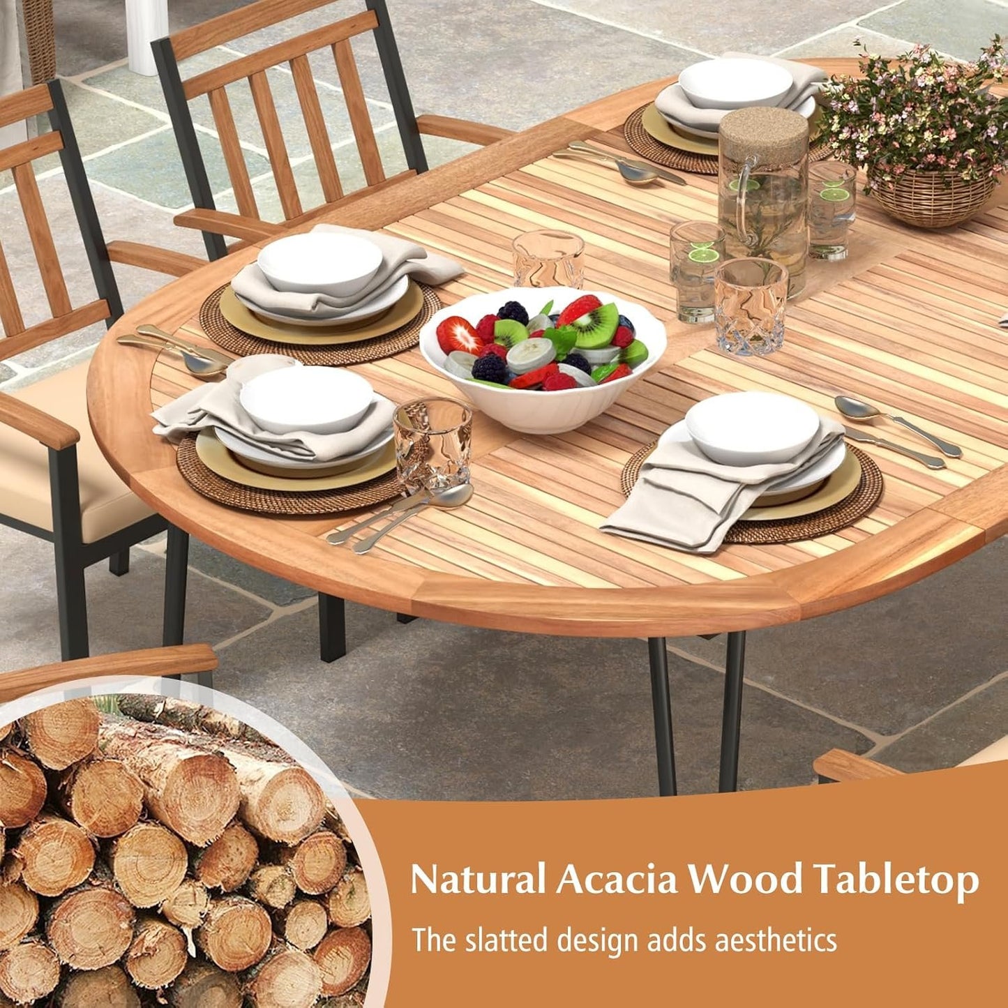Tangkula 79-Inch Patio Dining Table, Indoor & Outdoor Dining Table w/Umbrella Hole, Acacia Wood Tabletop & Sturdy Metal Legs, Wood Oval Table for 8 People for Patio Yard Garden Deck
