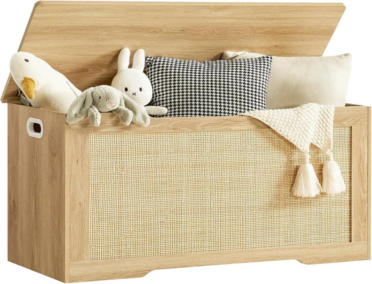FIONESO 100cm Rattan Storage Chest, Wooden Toy Chest with 2 Safety Hinges, Lift Top Storage Box with Gel Bumpers, Storage Trunk, Storage Bench for Hallway, Natural