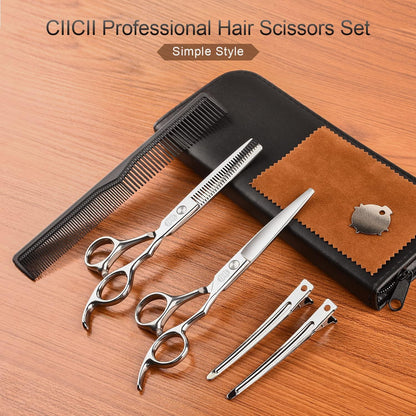 Hair Cutting Scissors Shears Set, CIICII Professional Hairdressing Scissors Kit (Hair Beard Trimming Shaping Grooming Thinning Shears) for Men Women Pets Home Salon Barber Cutting Kit (Silver)