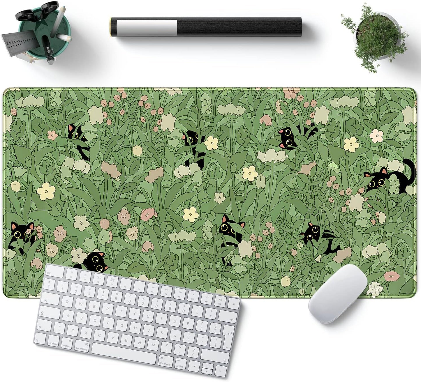 YKJWW Green Mouse Pad XL Cat Cute Plant Cool Keyboard for Desk, Mat Kawaii Black Flower Desk Decor with Stitched Edges Non-Slip Large Computer 31.5x15.7in, B-cat in The Meadow