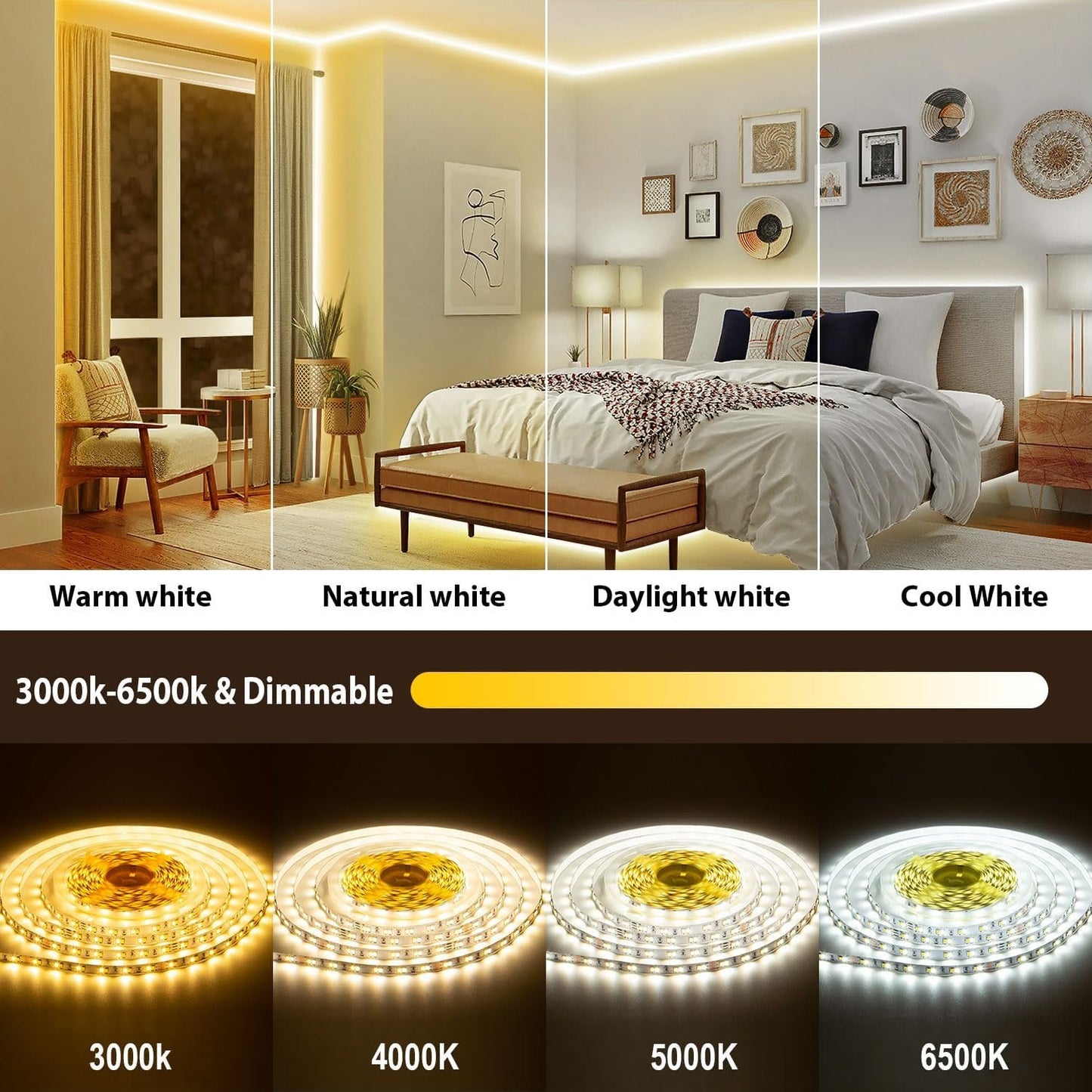 46FT White LED Light Strips 3000K-6500K, Tendist Alexa Compatible Led Strip Light Cool and Warm White Dimmable, 24V App Smart Under Cabinet Lighting with Remote, Counter Light for Kitchen, Bedroom, Mirror, Closet