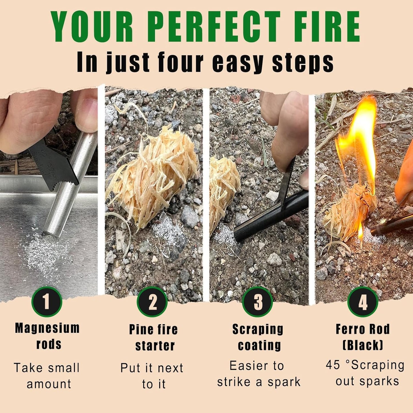 VVAAGG Flint and Steel Fire Starter Kit Survivor, 3/8 inch Ferro Rods and Magnesium Rods with Paracord Handle, Flint Fire Starter Survival Tool