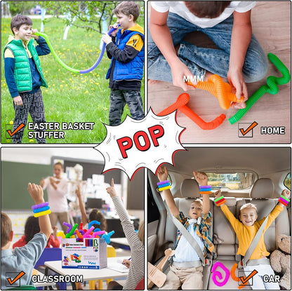 12 Pack Pop Tubes Sensory Toys with 6 Colors for Kids&Toddlers,Stress and Anxiety Relief Fidget Toy,Imaginative Play & Fine Motor Skills Learning,Tons of Ways to Play,Connect, Stretch, Twist & Pop