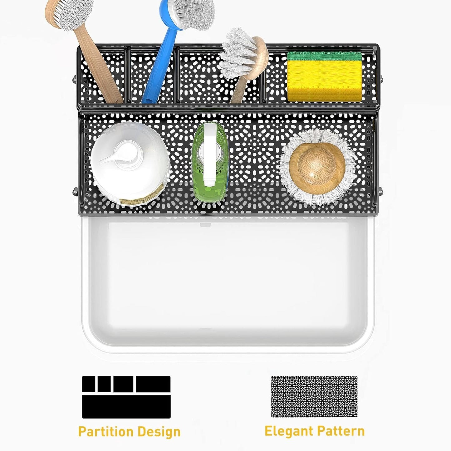 Cisily Sponge Holder Kitchen Sink Caddy Organizer, Rustproof Sponge Holder for Kitchen Sink, Non-Slip Soap Dish Dispenser Brush Holder Storage, Home & Kitchen Essentials Accessories（Matte Black）