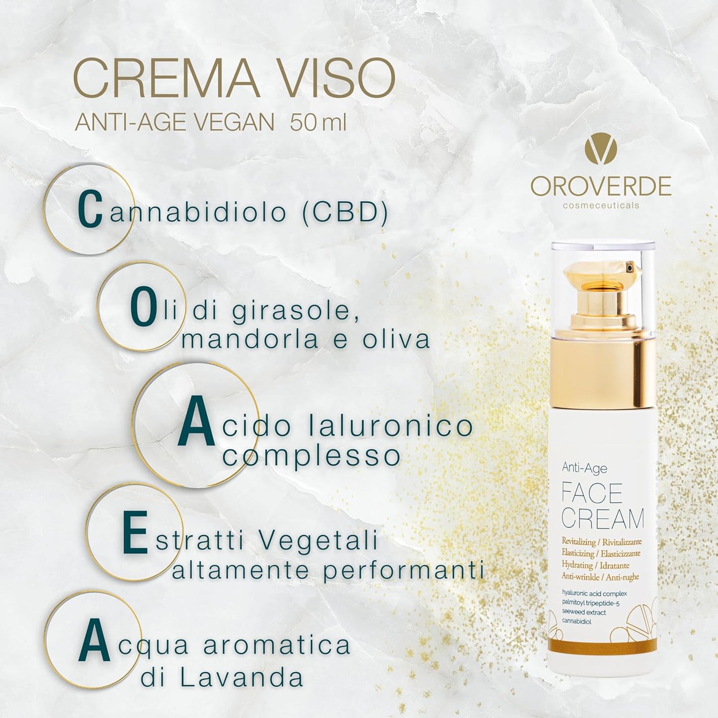 OROVERDE Anti-Age Face Cream 50 ml – Moisturizing Anti-Wrinkle Primer Effect Treatment – with Cannabidiol, Hyaluronic Acid and Organic Natural Ingredients – Luxury Skincare, Made in Italy