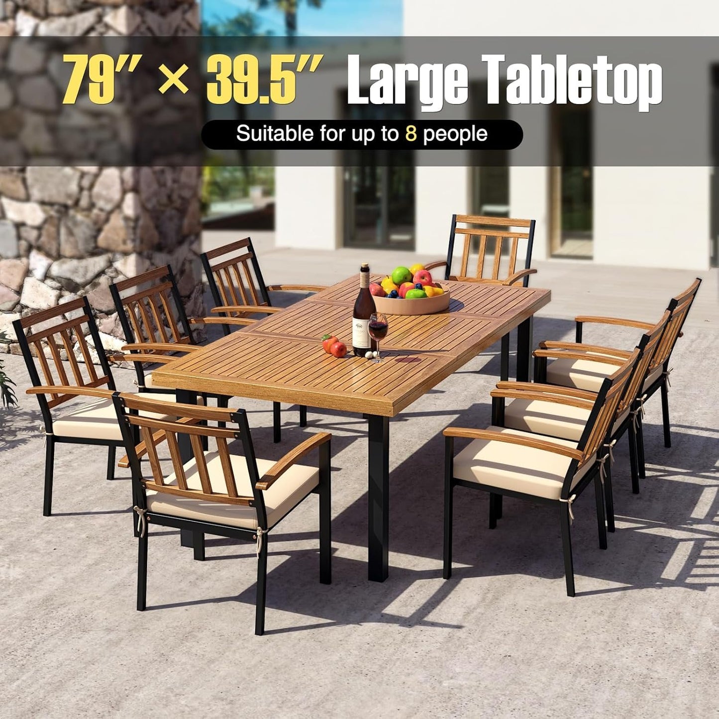 HAPPYGRILL Patio Dining Table for 8, 79" Large Rectangle Table with Acacia Wood Tabletop & Heavy Duty Metal Legs, Outdoor Dining Table with 2" Umbrella Hole for Backyard, Lawn & Garden