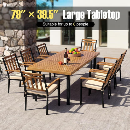 HAPPYGRILL Patio Dining Table for 8, 79" Large Rectangle Table with Acacia Wood Tabletop & Heavy Duty Metal Legs, Outdoor Dining Table with 2" Umbrella Hole for Backyard, Lawn & Garden