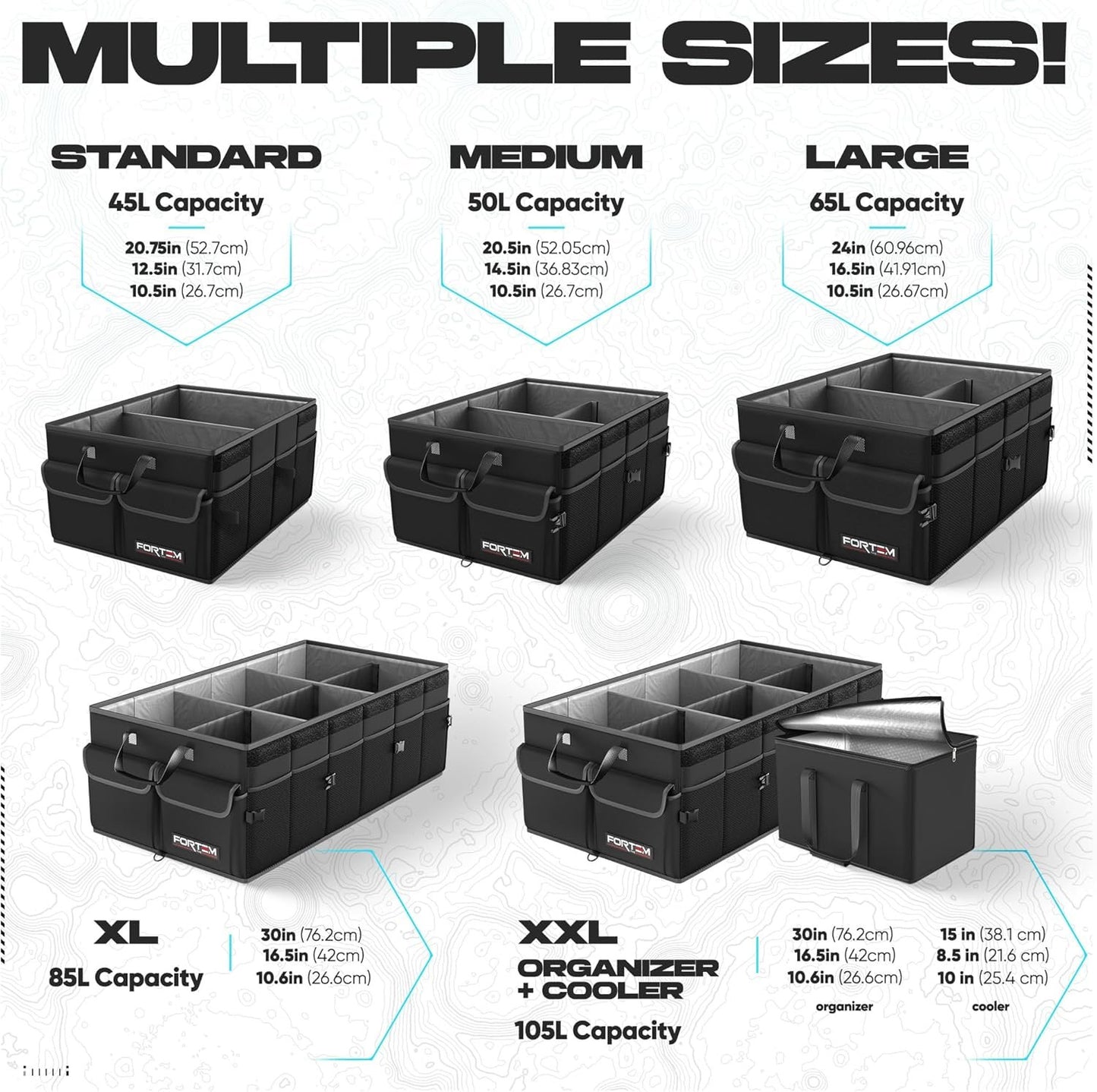 FORTEM Car Boot Organiser, Car Storage Organiser, Car Accessories, Collapsible Multi Compartment Car Organiser, Car Boot Tidy, Non Slip Bottom, Adjustable Securing Straps 65L (Black, Large)