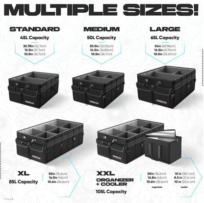 FORTEM Car Boot Organiser, Car Storage Organiser, Car Accessories, Collapsible Multi Compartment Car Organiser, Car Boot Tidy, Non Slip Bottom, Adjustable Securing Straps 65L (Black, Large)