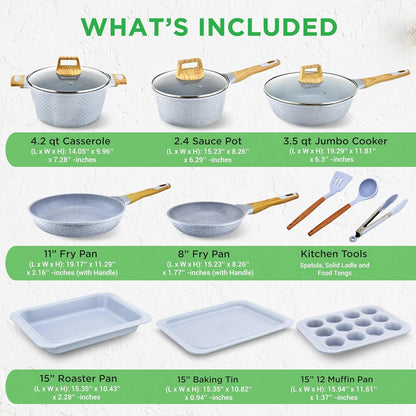Nutrichef 22-Piece Induction Cookware and Bakeware Set Professional Home Kitchen Collection with Multi-Sized Pots, Pans, Non Stick and Heat-Resistant Tools (Moon Grey Marble)