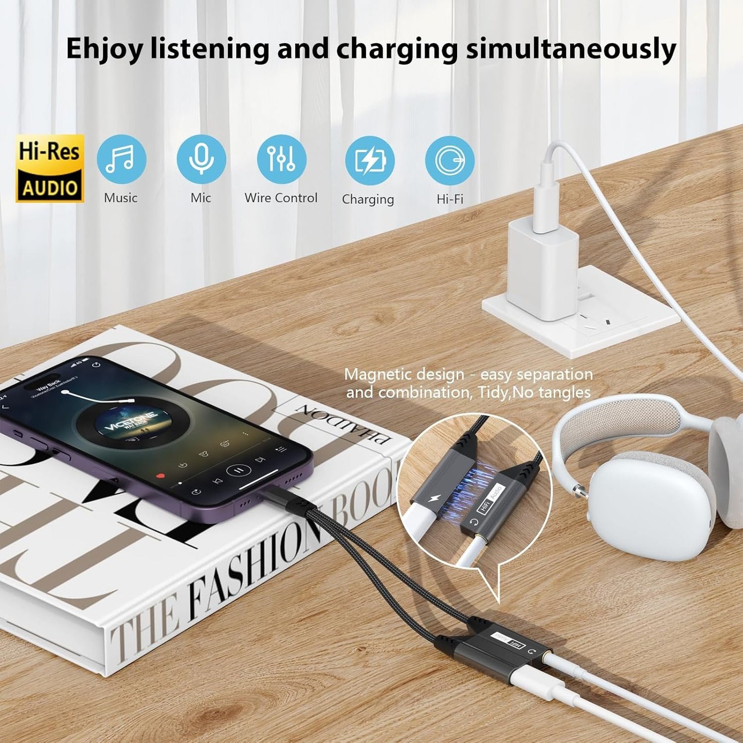 Magnetic Lightning to 3.5mm Audio Jack & Charging Adapter 2-in-1 Dual Port iPhone Dongle for Phone 14/13/12/11/X/8,iPhone Headphone Converter Splitter Fast Charge & Lossless Audio Sync