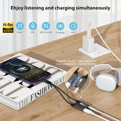 Magnetic Lightning to 3.5mm Audio Jack & Charging Adapter 2-in-1 Dual Port iPhone Dongle for Phone 14/13/12/11/X/8,iPhone Headphone Converter Splitter Fast Charge & Lossless Audio Sync