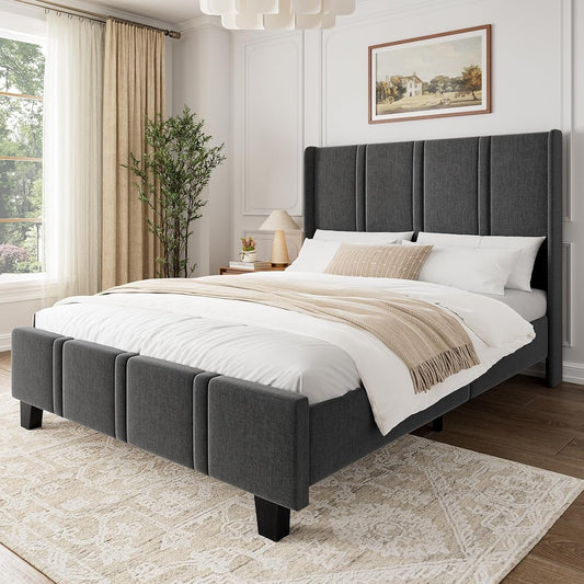 ROLETALENT Queen Bed Frames with 50.8" Tall Upholstered Headboard Wooden Platform Double Bed Frame Queen Size No Box Spring Needed Noise Free Easy Assembly