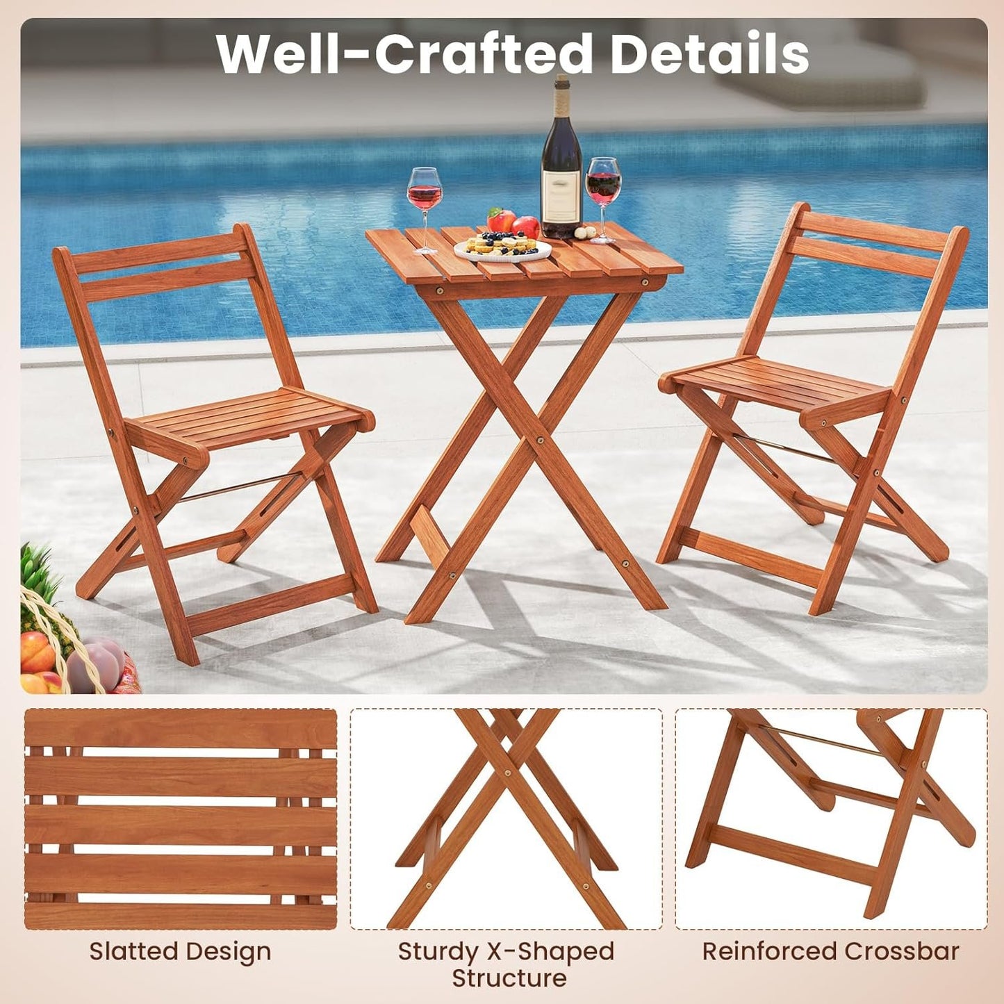 HAPPYGRILL 3 Piece Outdoor Wood Bistro Set, Solid Wood Furniture Set w/ 2 Folding Chairs & Dining Table, Slatted Seat & Tabletop, Patio Dining Set for Backyard, Poolside