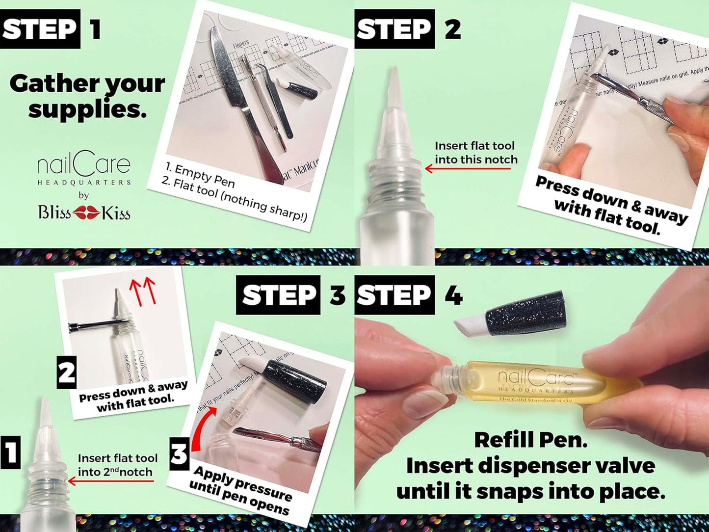 Nail Care Headquarters Refillable Holographic Cuticle Oil Pen for Nails - Empty Holo Squeeze Nail Oil Pen with Brush from by Bliss Kiss 3-Pack