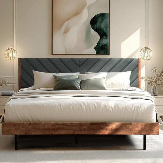 Acacia Astoria Solid Wood Upholstered Bed Frame, King Platform Bed Frame with Headboard, Elegant Design, Durable Construction for Luxurious Comfort, Walnut