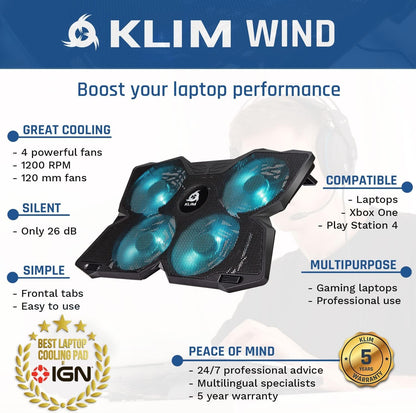 KLIM Wind - Laptop Cooling Pad - The Most Powerful Rapid Action Cooling Fan - Laptop Stand with 4 Cooling Fans at 1200 RPM - USB Fan - Compatible New Version - Cyan