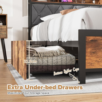 ADVWIN Queen Size Bed Frame with 4 Storage Drawers, Tufted Storage Headboard with Charging Station and USB Port, Rustic Brown & Gray