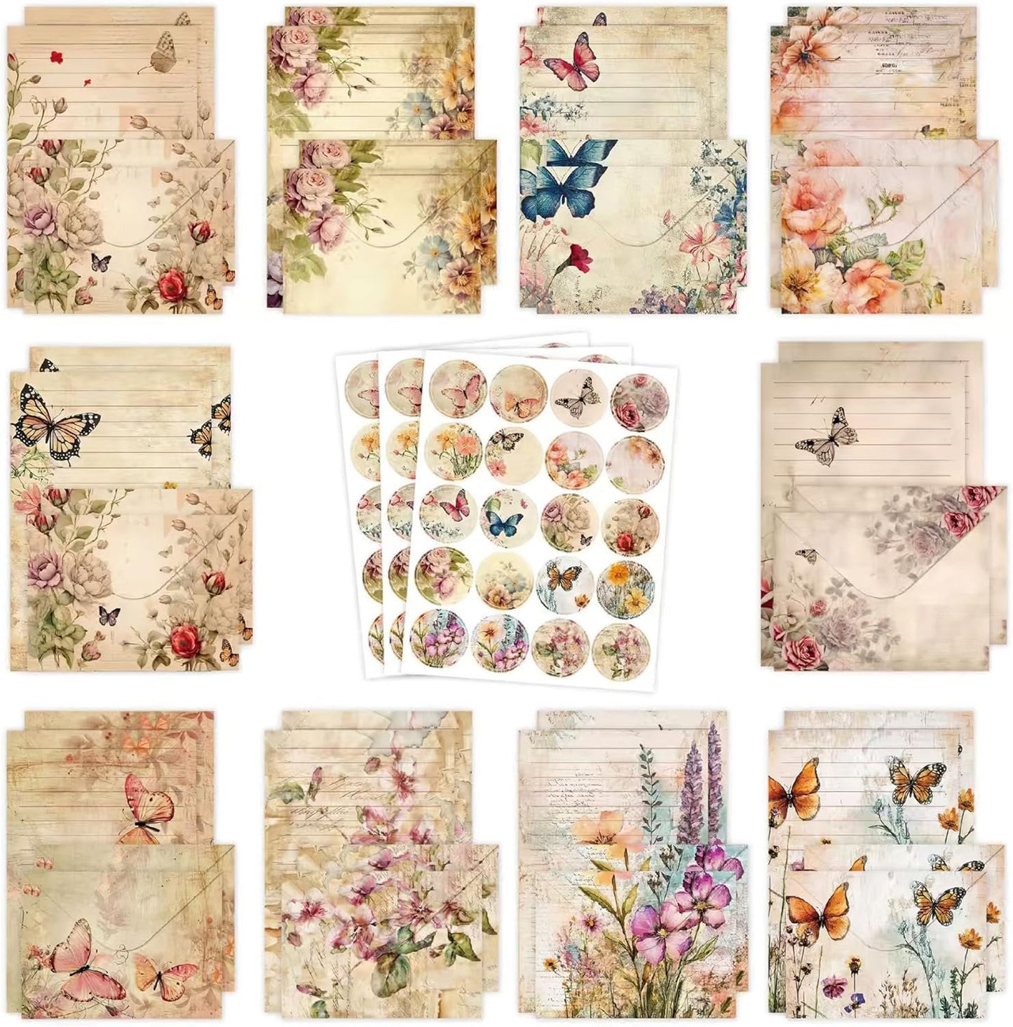 RAORAOYUE 160 Pcs Stationery Paper Set, Nature Vintage Floral Butterfly 50 Stationary Paper 50 Envelopes 60 Round Dot Sticker
