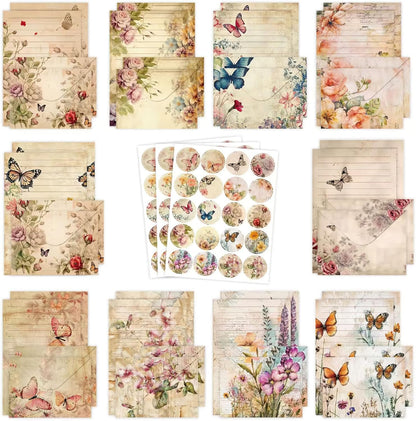 RAORAOYUE 160 Pcs Stationery Paper Set, Nature Vintage Floral Butterfly 50 Stationary Paper 50 Envelopes 60 Round Dot Sticker