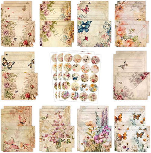 RAORAOYUE 160 Pcs Stationery Paper Set, Nature Vintage Floral Butterfly 50 Stationary Paper 50 Envelopes 60 Round Dot Sticker